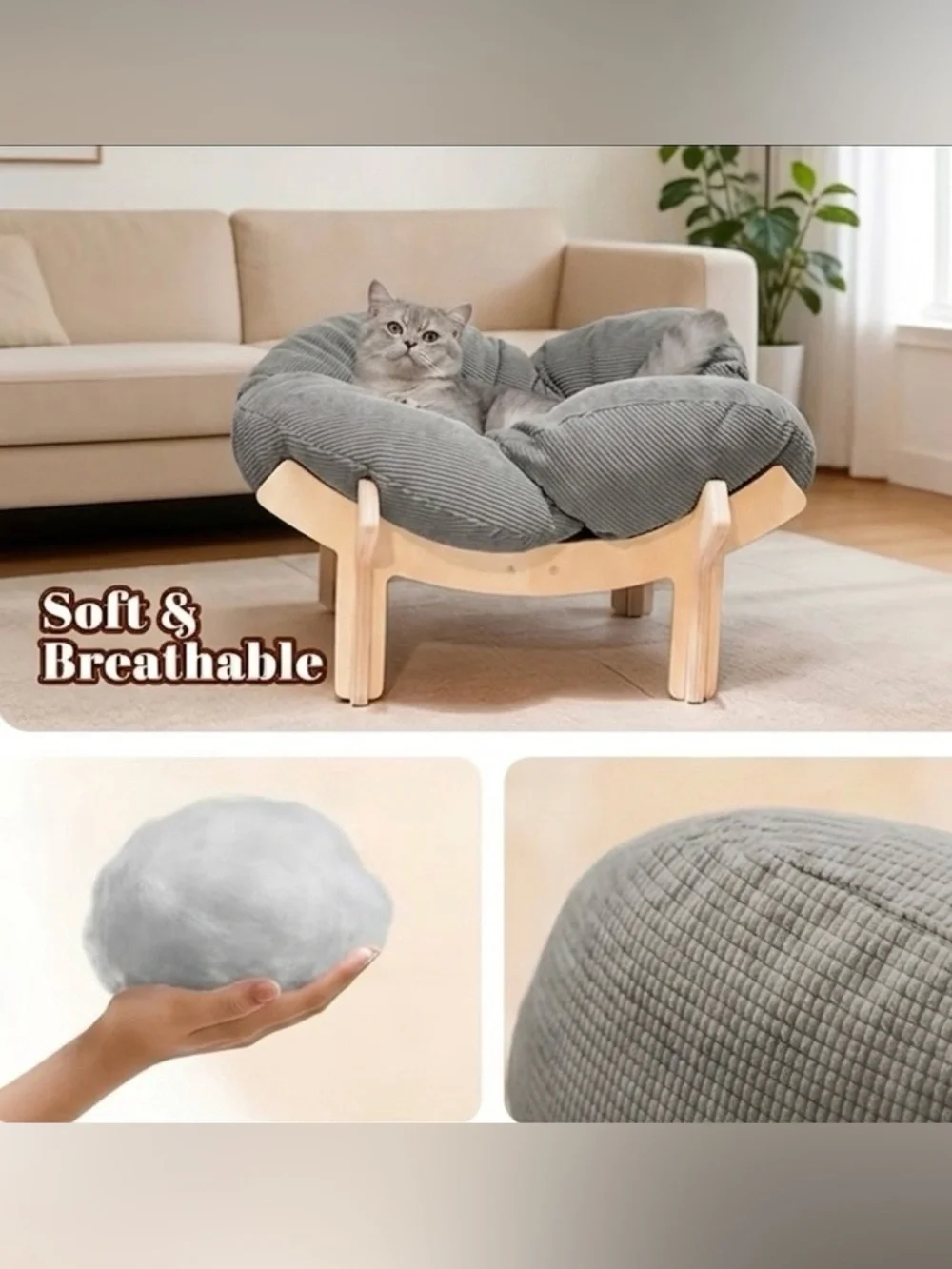 Premium Cat Lounger Bed in Cream - Comfortable Pet Sofa gray